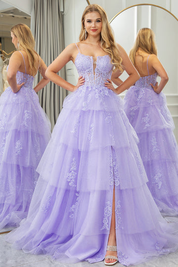Lilac A Line Appliqued Tiered Princess Corset Prom Dress With Slit
